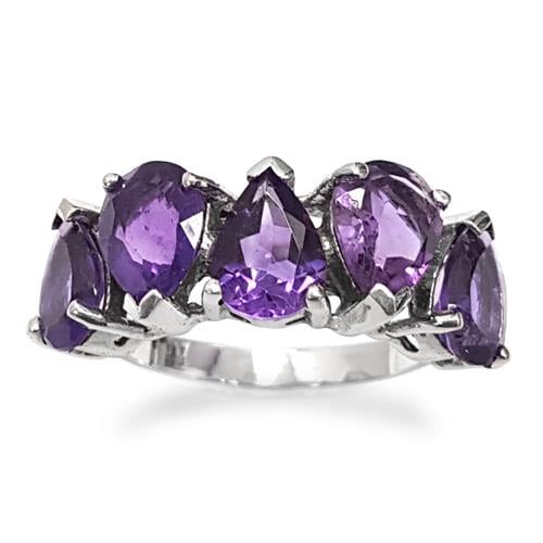 טבעת כסף משובצת 5 אבני אמטיסט בצורת טיפה RG5935 | תכשיטי כסף 925 | טבעות כסף