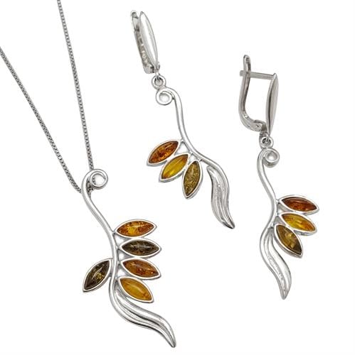 עגילים תלויים ותליון מכסף בשילוב ענברים 3 צבעים S1559