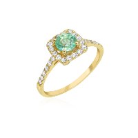 טבעת זהב מרובעת עם אבן חן ויהלומים לבנים