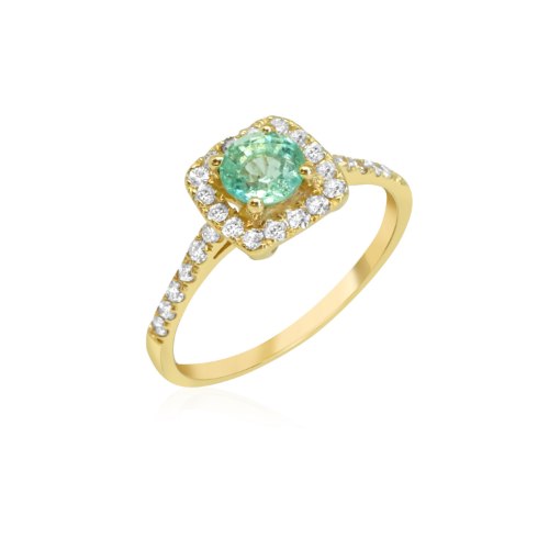 טבעת זהב מרובעת עם אבן חן ויהלומים לבנים