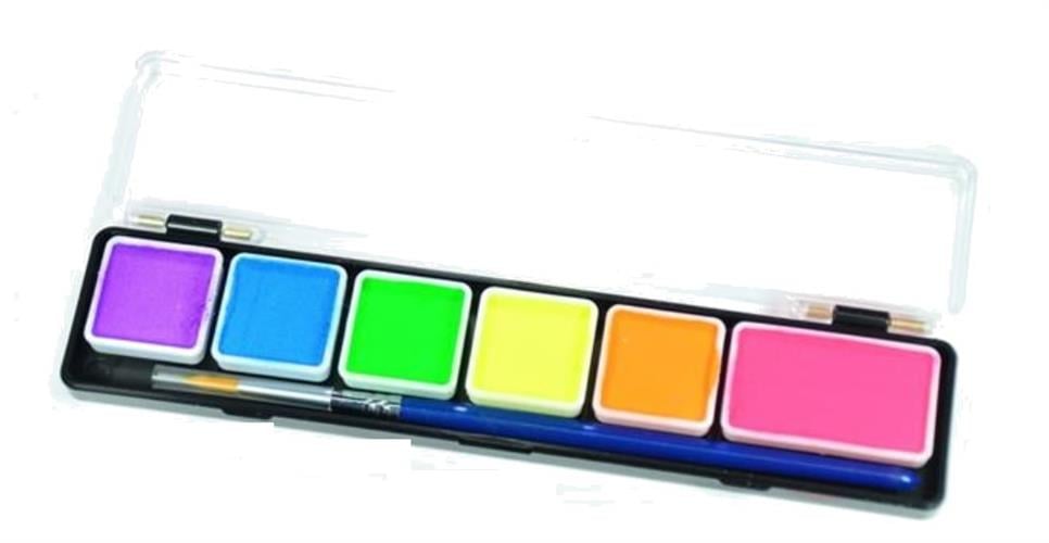 פלטה 6 צבעי מים נאון (זוהרים) + מכחול (24 גר')
