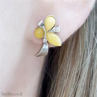 עגילים מכסף צמודים בשילוב ענבר בלטי אמיתי  צבע למון A8694