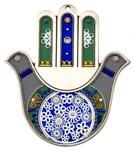 חמסה צבעונית לתלייה על הקיר - דגם יונה, גווני אפור, ירוק וכחול: HMS 11