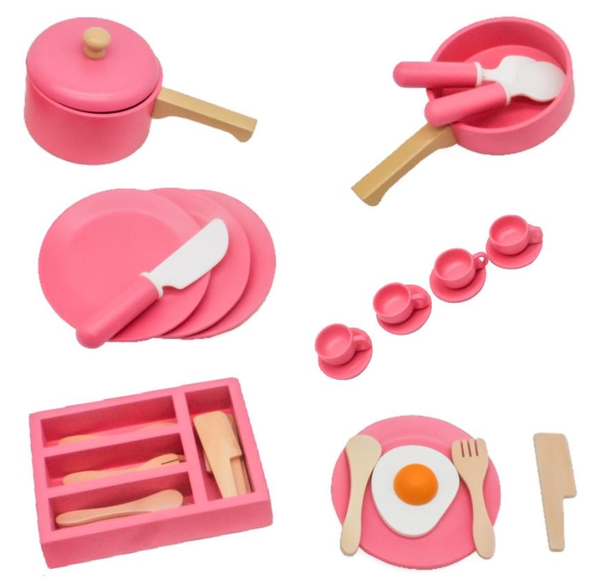 W10B236 - כלי מטבח ומסיבת תה ורוד מעץ מלא לילדים, צעצועץ
