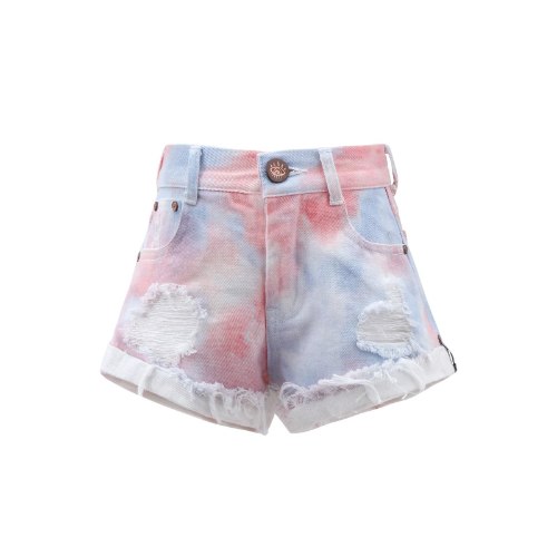 שורט ג׳ינס לבן עם טאי דאי ורודים וכפל - VIEW - מידות 2-16