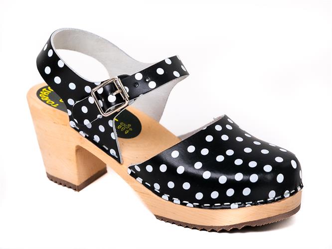 סנדלי עץ בובה עקב גבוה שחור נקודות