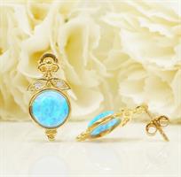 עגילי זהב עם אופל כחולה צמודים נתלים