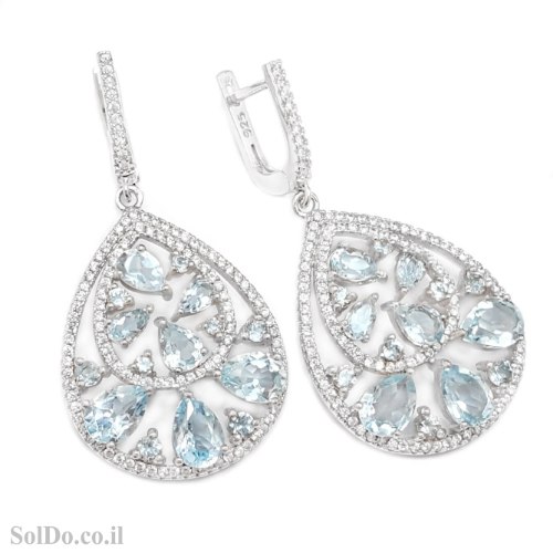 עגילים מכסף ארוכים משובצים אבני טופז כחולות וזרקונים A8895 | תכשיטי כסף 925 | עגילי כסף