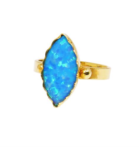 טבעת אופל כחול בחיתוך מרקיזה בזהב 14 קראט