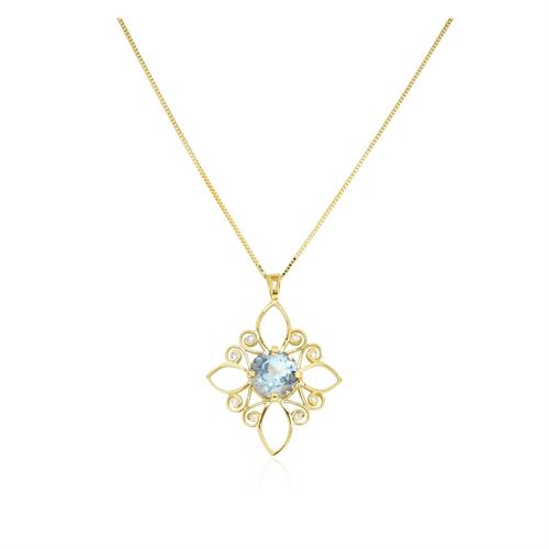 שרשרת ותליון זהב 14 קרט משובצים אבן חן בלו טופז ויהלומים 0.08 קראט