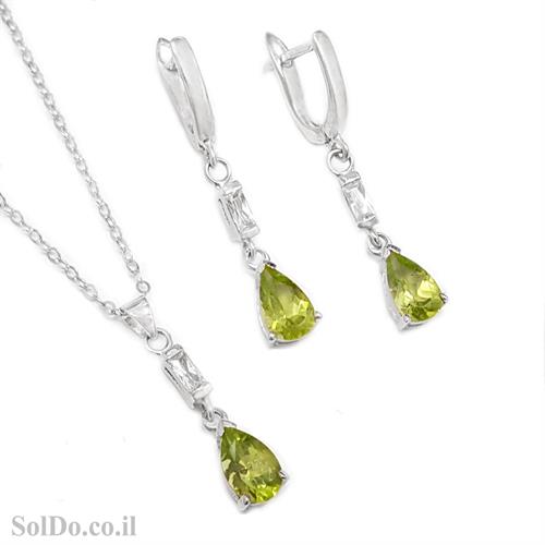 עגילים תלויים ותליון מכסף משובצים אבני פרידוט ואבני זרקון S1653
