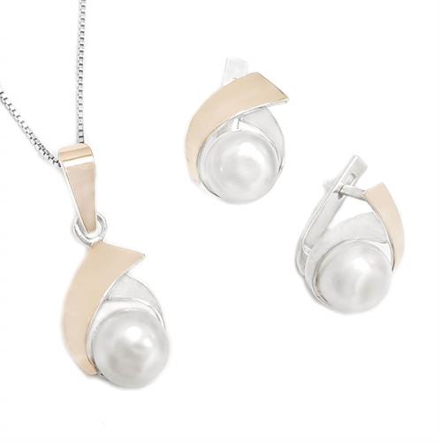 עגילים ותליון מכסף משובצים פנינה לבנה וציפוי זהב S1658 | תכשיטי כסף 925