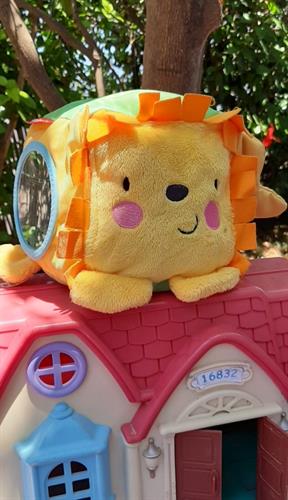 קוביית חושים רכה של פישר פרייס, עם אריה פרפר ומראה , סוגים שונים של בדים וצבעוניות משובבת. ניתן לתלייה, מתכבס בקלות.