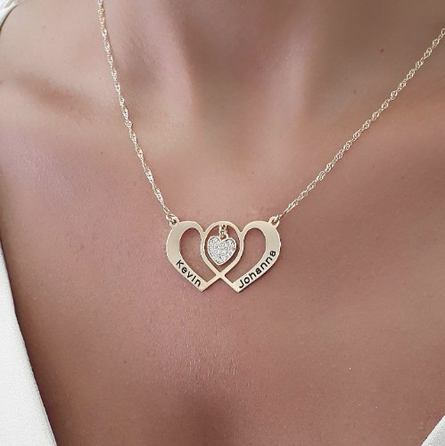 שרשרת לבבות מצטלבים עם חריטות ולב משובץ דגם LA314