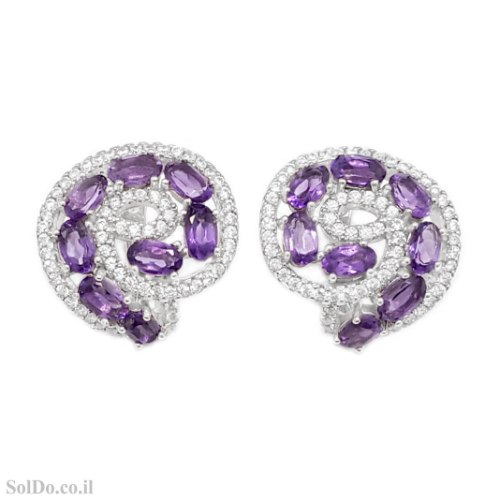 עגילים מכסף משובצים אבני אמטיסט סגול ואבני זרקון A9021 | תכשיטי כסף