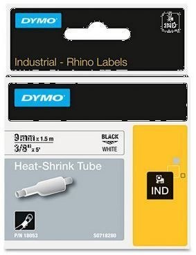 שרוול סימון מתכווץ שחור על רקע לבן Dymo 18053 Heat Shrink Tubing IND Tape 9mmx1.5m