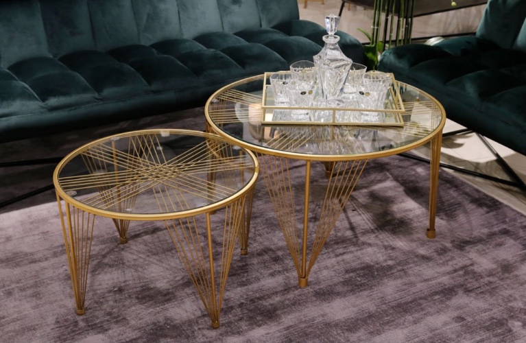 זוג שולחנות עגולים זכוכית מתכת זהב