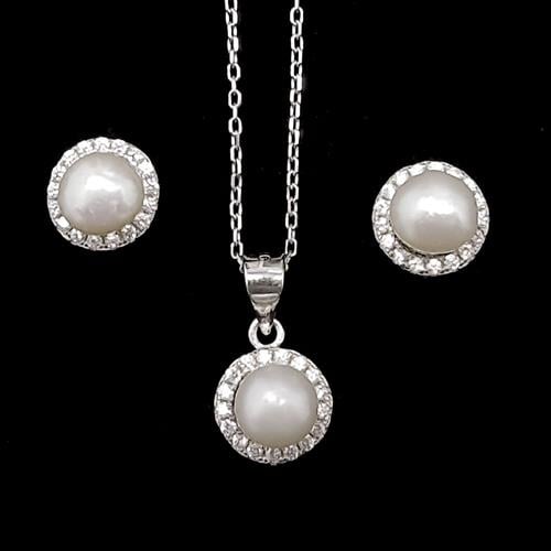 סט עגילים ושרשרת מכסף משובצים פנינה לבנה וזרקונים S1487 | תכשיטי כסף 925