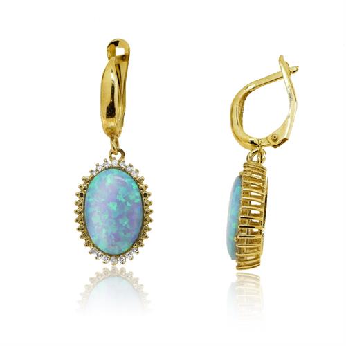 עגילי זהב 14 קאראט נתלים משובצים באבן חן אופל אובלית ויהלומים