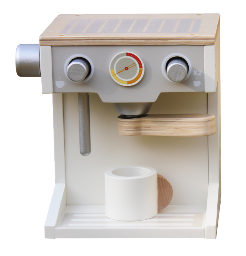 spty-d134 - מכונת קפה מעץ צעצוע לילדים בצבעי לבן ועץ, קפיץ קפוץ