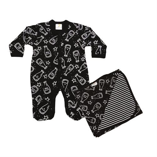 אוברול טריקו בקבוקונים שחור + שמיכה בקבוקונים