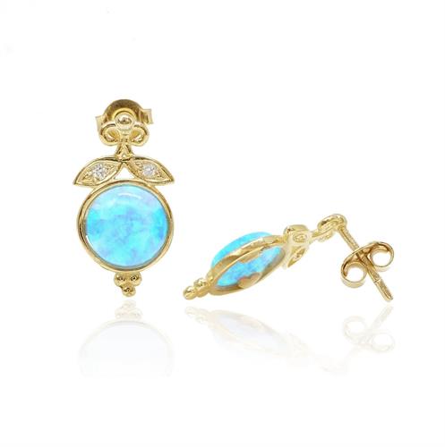 עגילי זהב עם אופל כחולה צמודים נתלים