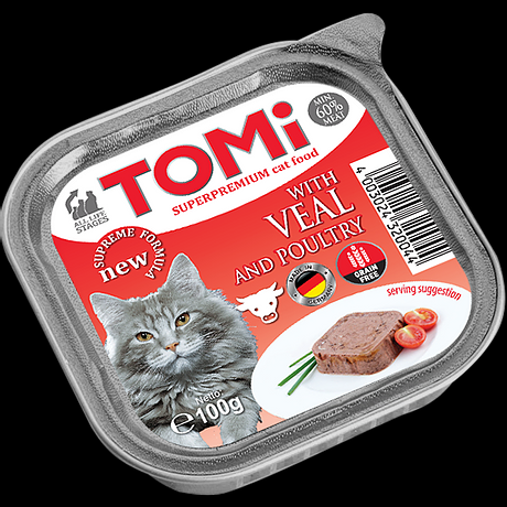 מעדן לחתול טומי בטעם עגל ועוף 100 גרם