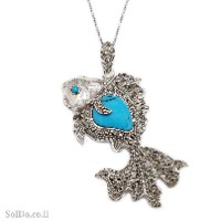 תליון מכסף מעוצב דגם "דג" משובץ מרקזטים וטורקיז  T6200 | תכשיטי כסף