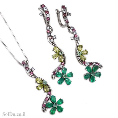 עגילים ארוכים ותליון מכסף משובצים אגת צבע ירוק, גרנט, טנזנייט ופרידוט S1652