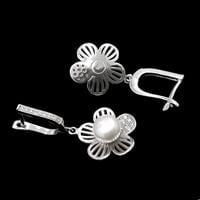 סט "פרחים" עגילים ותליון מכסף משובצים פנינה לבנה וזרקונים S1491 | תכשיטי כסף 925 | תכשיטי כלה