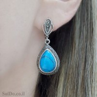 עגילים מכסף תלויים משובצים מרקזטים ואבני טורקיז  A8985 | תכשיטי כסף 925 | עגילי כסף