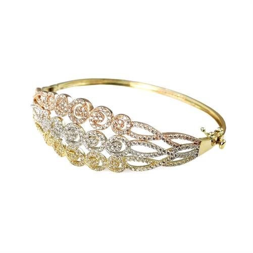 צמיד זהב טריקולור (שלושה צבעים )לאשה משובץ זרקונים בזהב 14 קרט