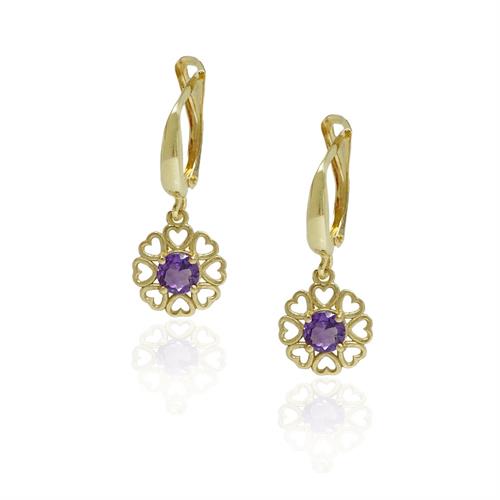 עגילי זהב נתלים עם אמטיסט סגולה