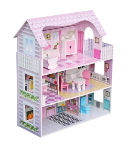 W06A139 - בית בובות לילדים שלוש קומות, בצבעים בהירים כולל ריהוט לבית, צעצועץ