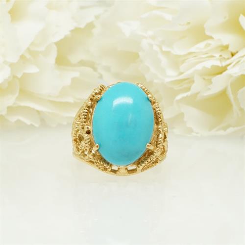טבעת זהב וינטאג' משובצת טורקיז גדולה