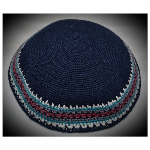 כיפה קלאסית כחול פס אדום / טורקיז מידה 16