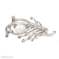 סיכה מכסף מעוצבת משובצת מרקזטים, אבני אמרלד ופנינה לבנה T6189 | תכשיטי כסף