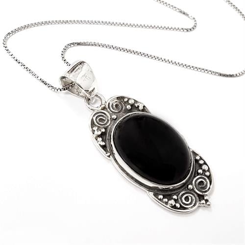 שרשרת ותליון כסף משובץ אבן אוניקס שחורה T7073 | תכשיטי כסף 925 | שרשרת כסף