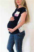 חולצת הריון חצי חצי - גב פרחוני שמנת וחזית כחול כהה בתוספת כיס קטן
