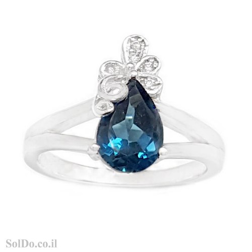 טבעת מכסף משובצת אבן טופז כחולה  וזרקונים RG6214 | תכשיטי כסף 925 | טבעות כסף
