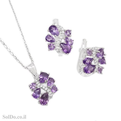 עגילים ותליון מכסף משובצים אבני אמטיסט סגול וזרקונים S1724 | תכשיטי כסף 925 | עגילי כסף