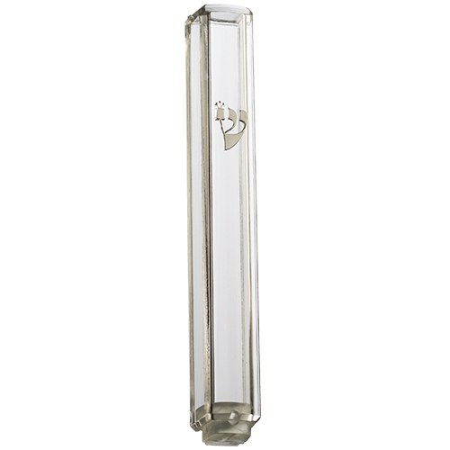 12 cm transparent plastic mezuzah silver "ש" with a rubber stopper