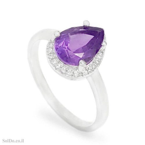 טבעת מכסף משובצת אבן אמטיסט ואבני זרקון RG6299 | תכשיטי כסף 925 | טבעות כסף