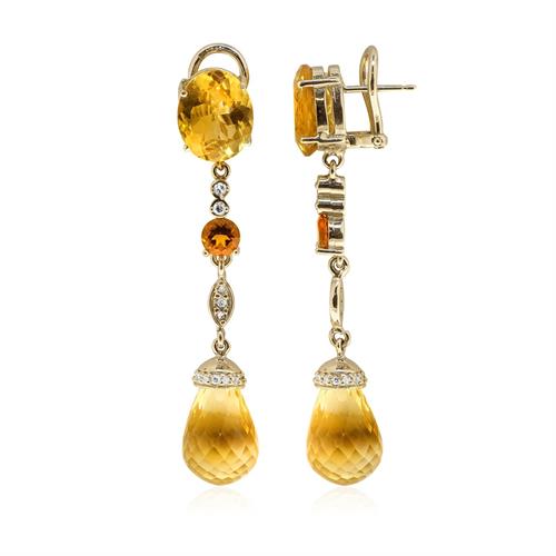 עגילי זהב 14 קרט משובצים אבן חן סיטרין ו0.35 קראט יהלומים