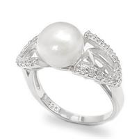 טבעת מכסף משובצת פנינה לבנה וזרקונים RG1638 | תכשיטי כסף 925 | טבעות עם פנינה