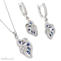 עגילים ותליון מכסף משובצים אבני זרקון כחולות ולבנות S1628