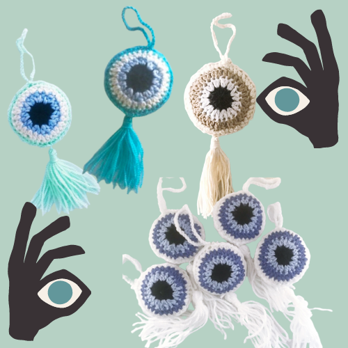 עין כחולה סרוגה, מחזיק עין, מתלה עין סרוגה - ריבי  יער  מעצבת בטקסטיל 