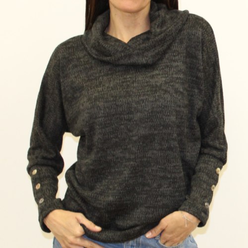 חולצת סריג כפתור שרוול אפור כהה