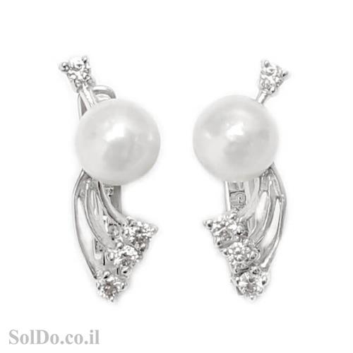 עגילי כסף משובצים פנינה לבנה ואבני זרקון A8710 | תכשיטי כסף 925