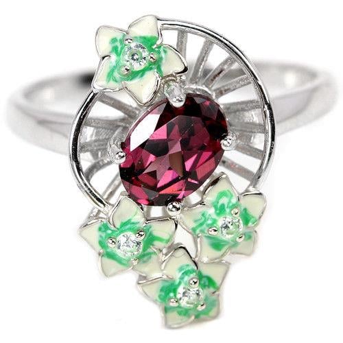 טבעת כסף משובצת אבן גרנט אדומה ופרחי אמייל  RG5704 | תכשיטי כסף 925 | טבעות כסף